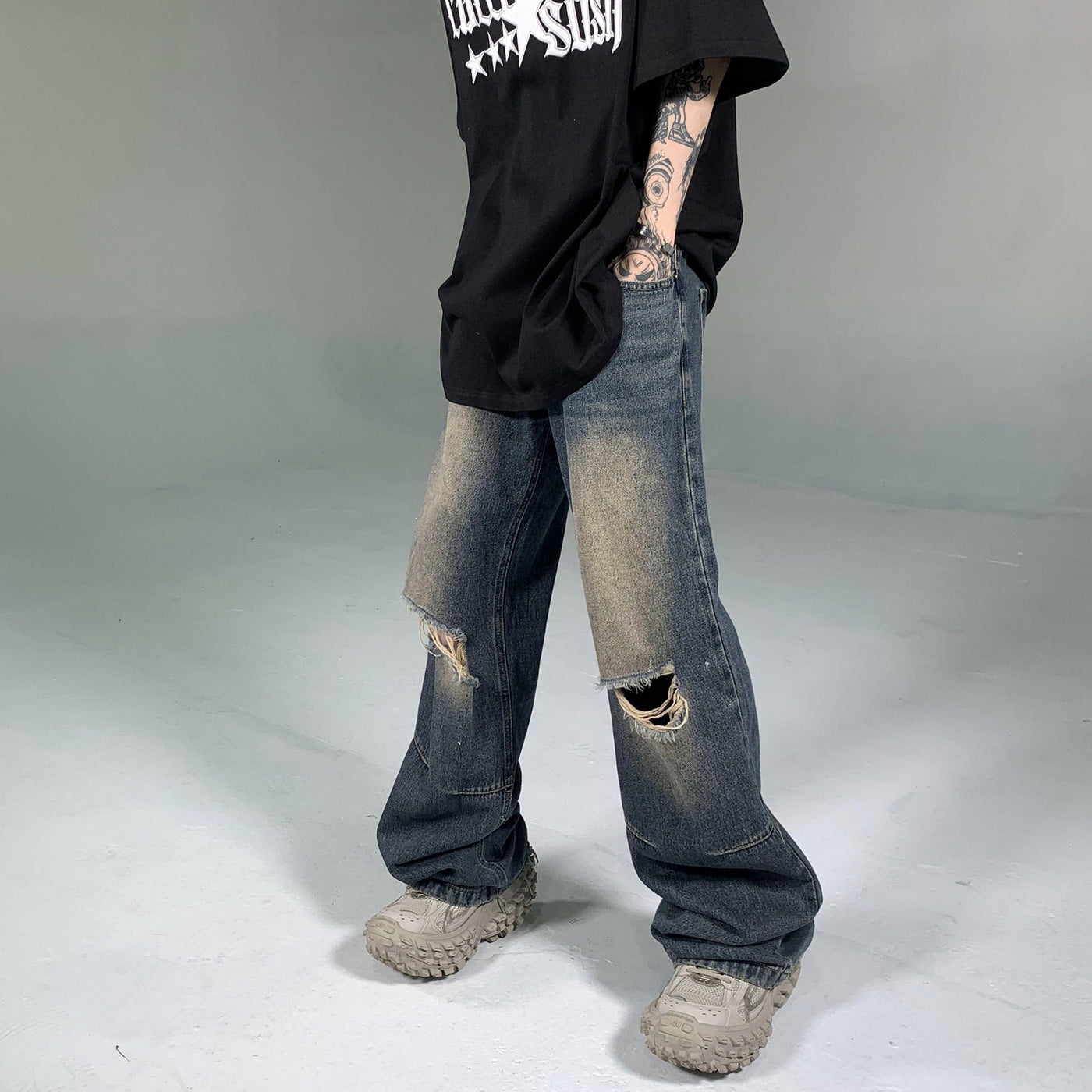 Ash Dark Whisker Washed Ripped Knee Jeans Korean Street Fashion Jeans By Ash Dark Shop Online at OH Vault