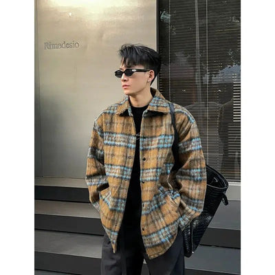 Mohair Plaid Flannel Shirt Korean Street Fashion Shirt By Poikilotherm Shop Online at OH Vault