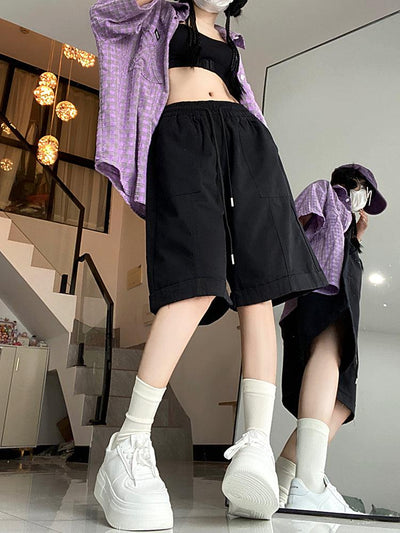 Made Extreme Drawstring Waist Wide Cut Shorts Korean Street Fashion Shorts By Made Extreme Shop Online at OH Vault