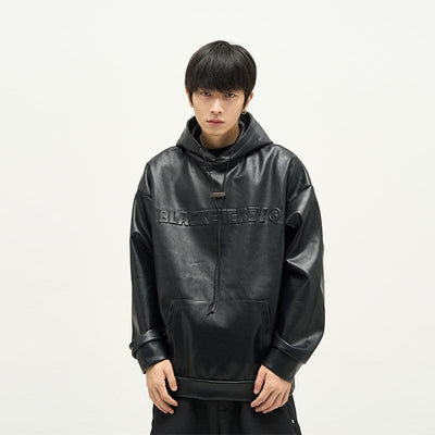 77Flight Embossed Text Leather Hoodie Korean Street Fashion Hoodie By 77Flight Shop Online at OH Vault