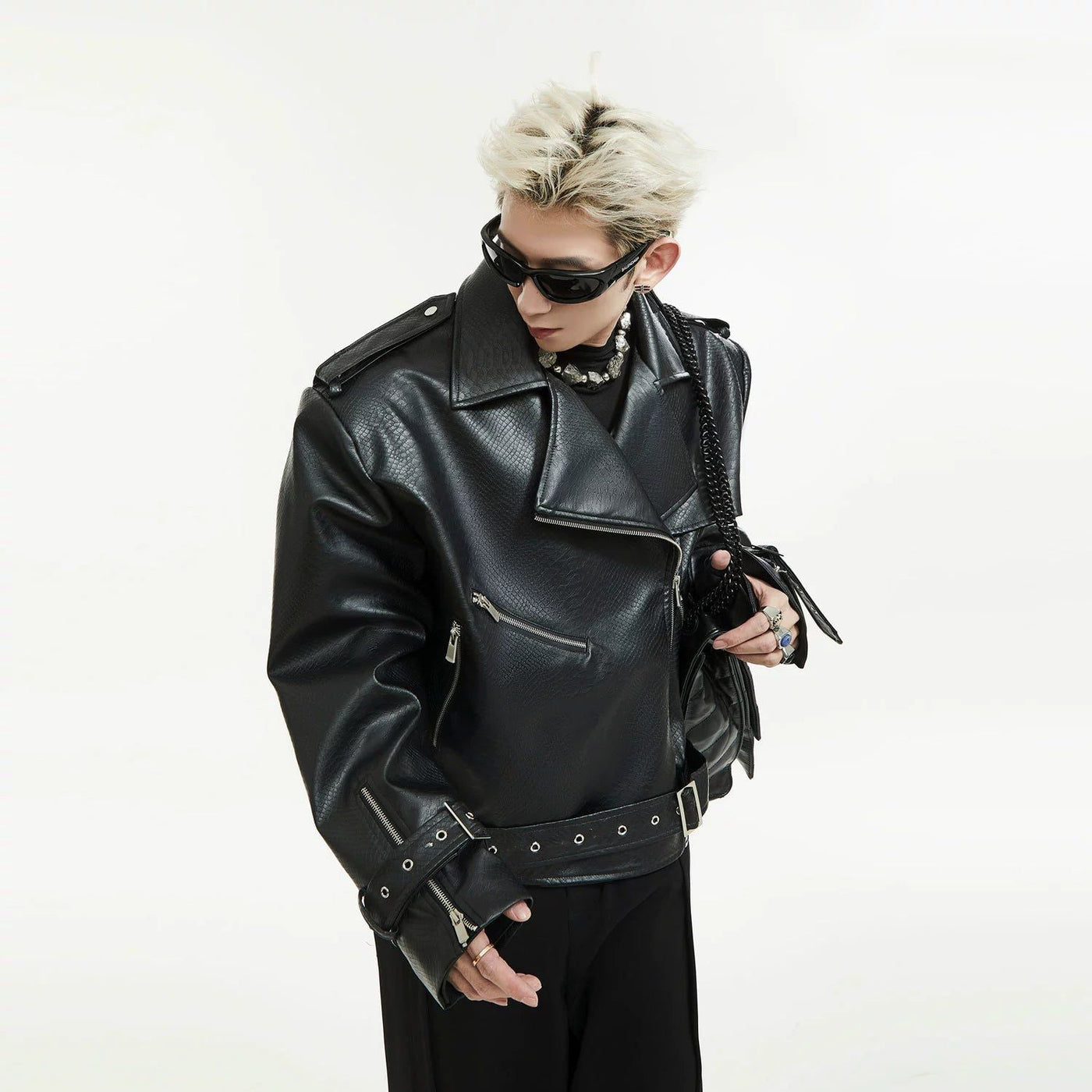 Textured Buckle Strap PU Leather Jacket Korean Street Fashion Jacket By Slim Black Shop Online at OH Vault