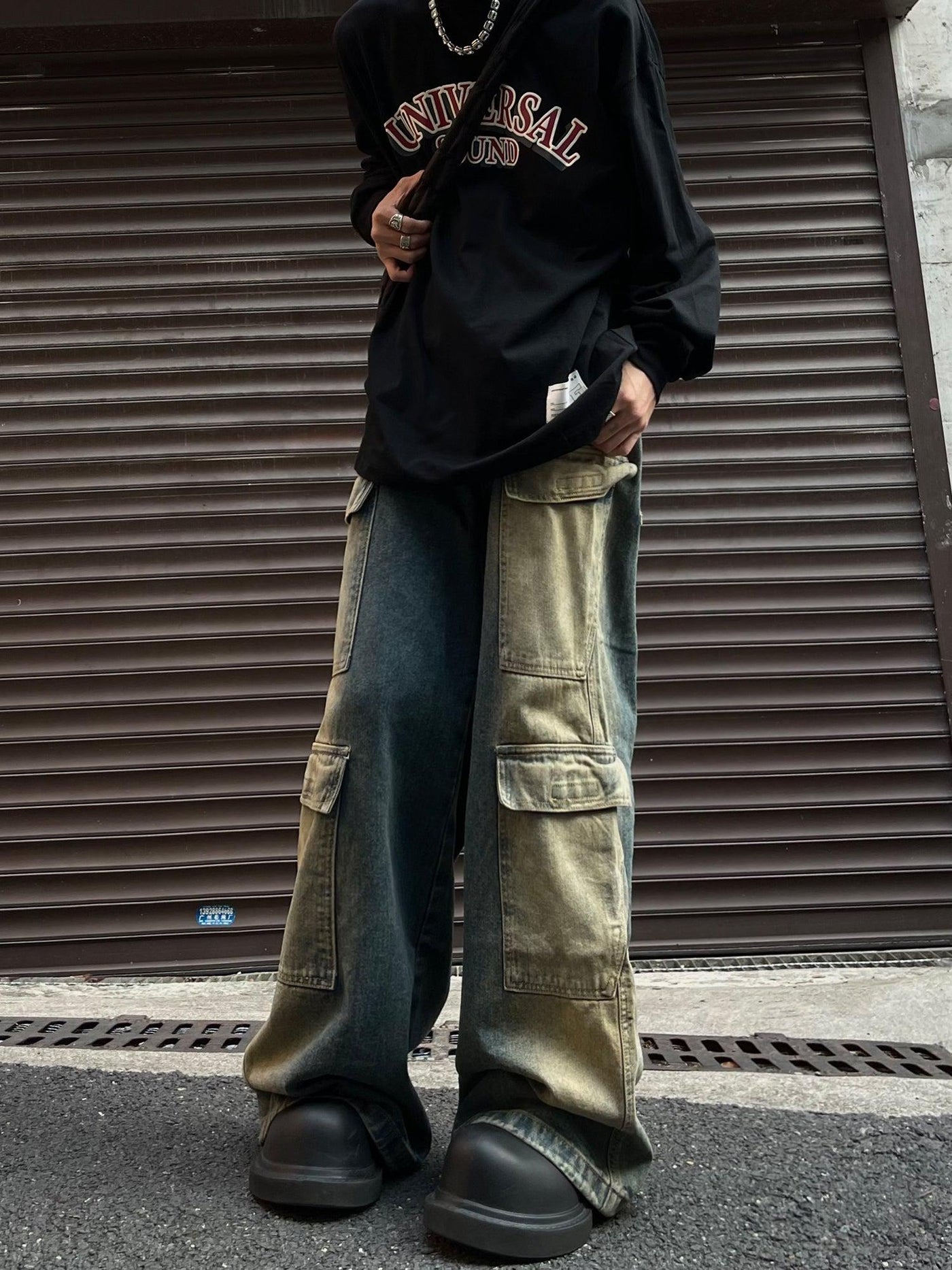 MaxDstr Gradient Contrast Velcro Pocket Cargo Jeans Korean Street Fashion Jeans By MaxDstr Shop Online at OH Vault