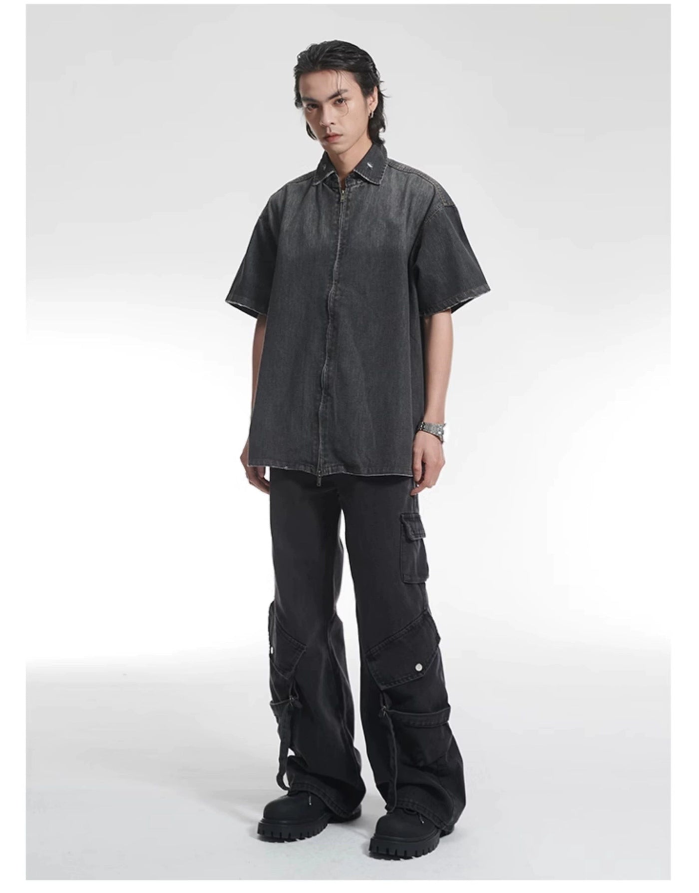Gradient Washed Denim Short Sleeve Shirt Korean Street Fashion Shirt By A PUEE Shop Online at OH Vault