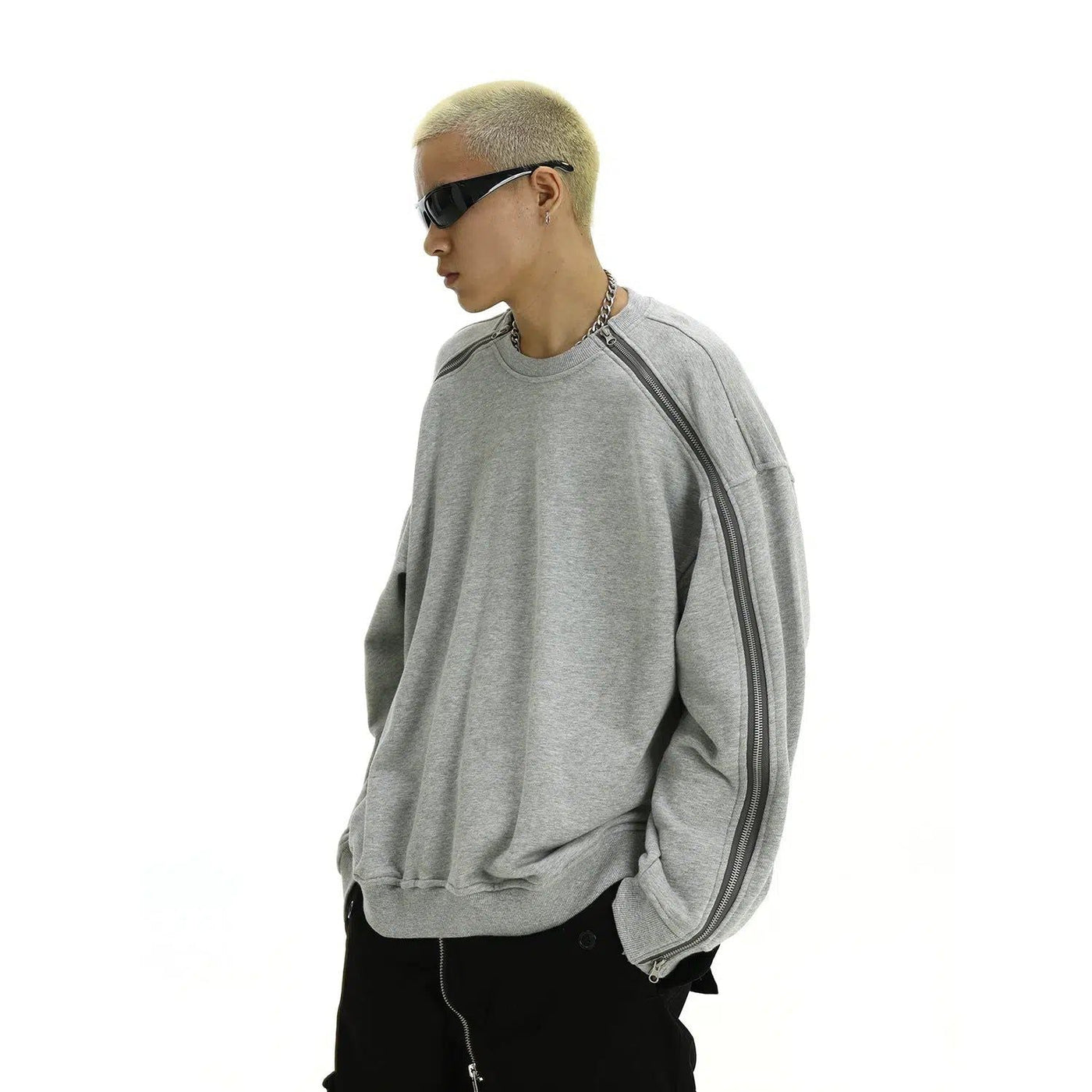 Casual Side Full-Zip Crewneck Korean Street Fashion Crewneck By MEBXX Shop Online at OH Vault