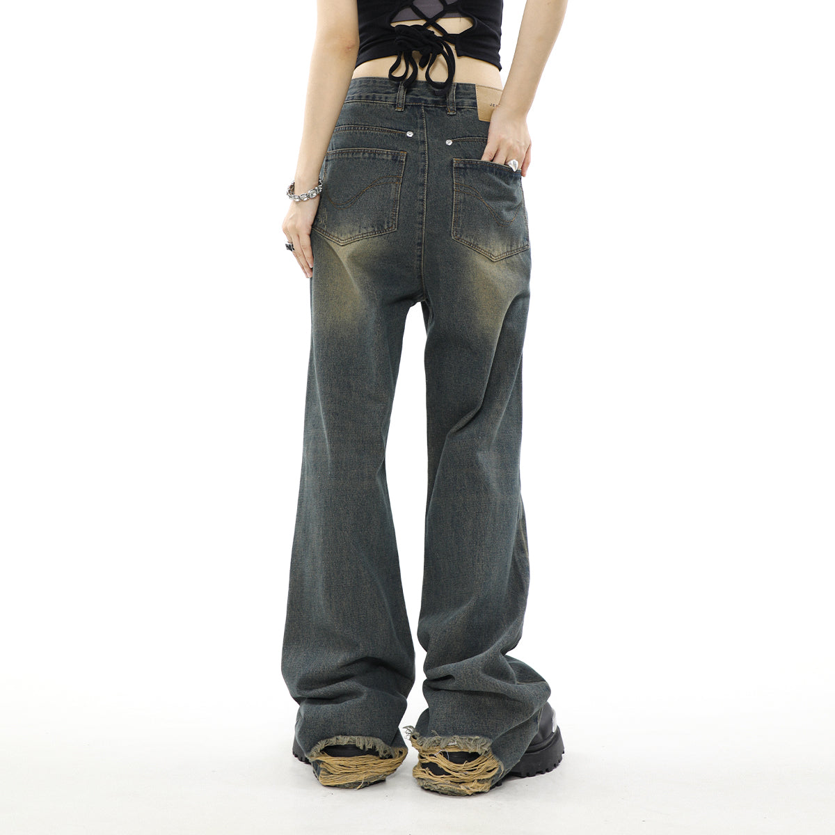 Mr Nearly Distressed Buttons Flare Leg Jeans Korean Street Fashion Jeans By Mr Nearly Shop Online at OH Vault