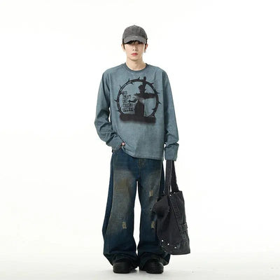 Dirty Fit Effect Baggy Ripped Jeans Korean Street Fashion Jeans By 77Flight Shop Online at OH Vault