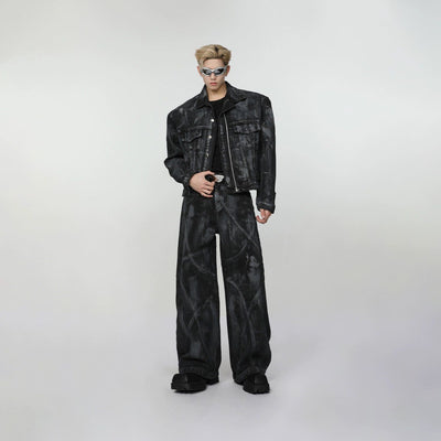 Abstract Smudges Denim Jacket & Jeans Set Korean Street Fashion Clothing Set By Turn Tide Shop Online at OH Vault
