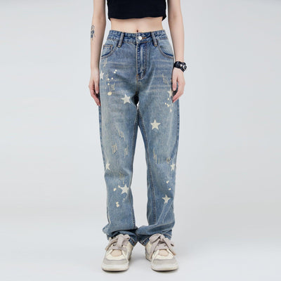 Made Extreme Star Printed Straight Jeans Korean Street Fashion Jeans By Made Extreme Shop Online at OH Vault
