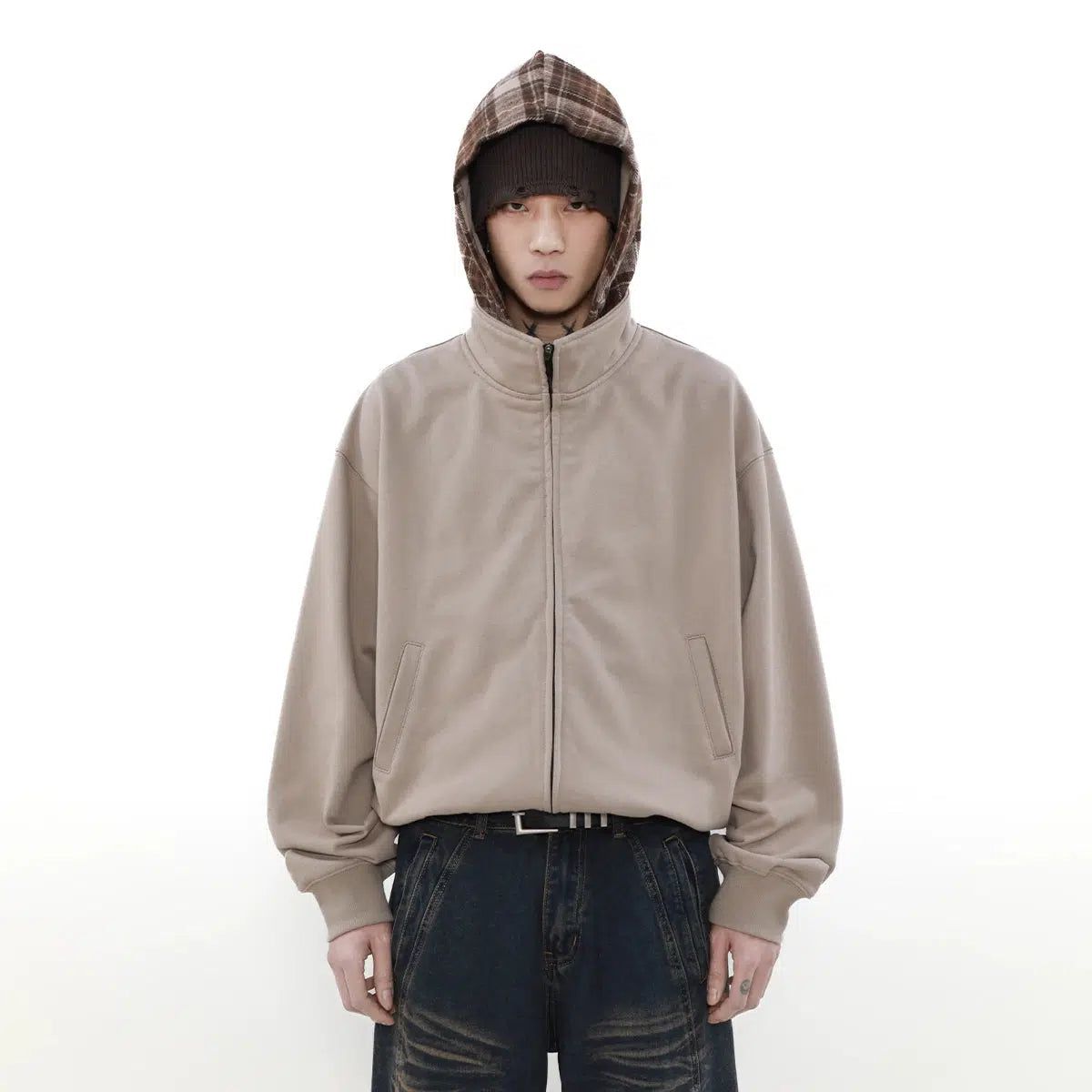 Plaid Hood Zipped Hoodie Korean Street Fashion Hoodie By Mr Nearly Shop Online at OH Vault