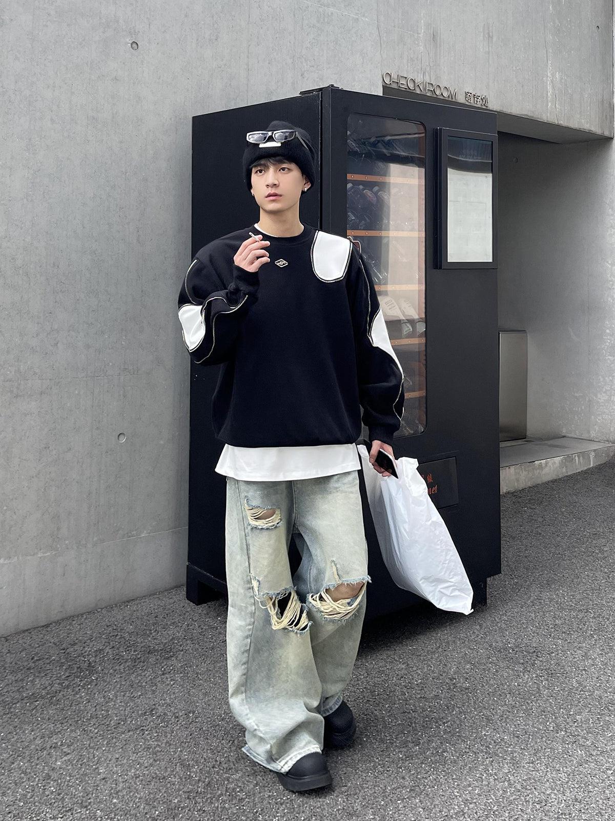 Poikilotherm Color Contrast Zip Detail Crewneck Korean Street Fashion Crewneck By Poikilotherm Shop Online at OH Vault