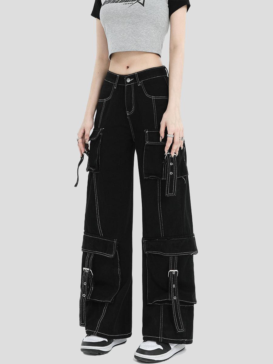 【BAON】Kata Stitch Cargo Denim Pants SHINFY Womens Cargo Jeans High Waisted Straight Leg Zipper