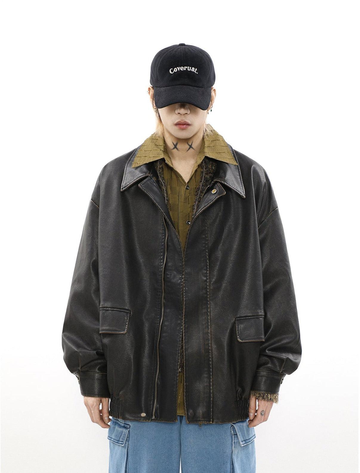Mr Nearly Distressed Gartered Hem Faux Leather Jacket Korean Street Fashion Jacket By Mr Nearly Shop Online at OH Vault