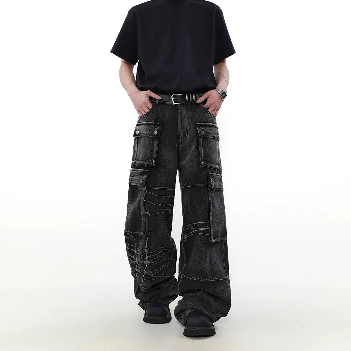 Washed Embroidered Cargo Jeans Korean Street Fashion Jeans By Mr Nearly Shop Online at OH Vault