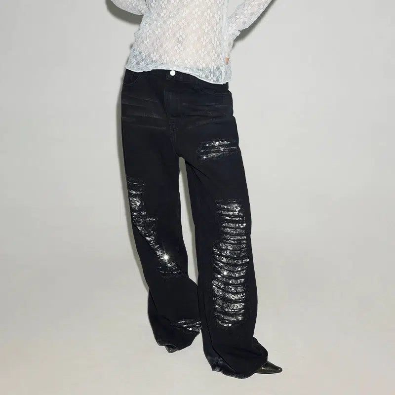 Sequins Ripped Jeans Korean Street Fashion Jeans By Conp Conp Shop Online at OH Vault