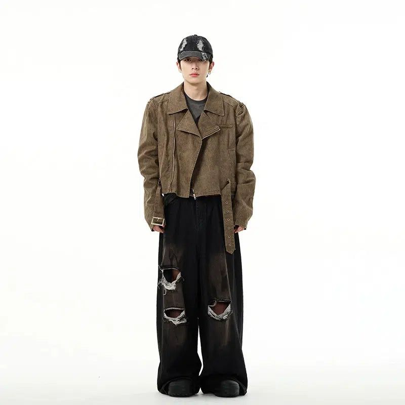 Washed Buckle Strap Moto Denim Jacket Korean Street Fashion Jacket By 77Flight Shop Online at OH Vault