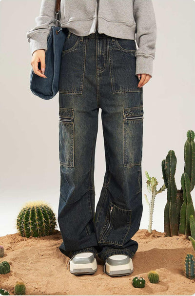 Multi-Pocket Washed Straight Jeans Korean Street Fashion Jeans By INS Korea Shop Online at OH Vault