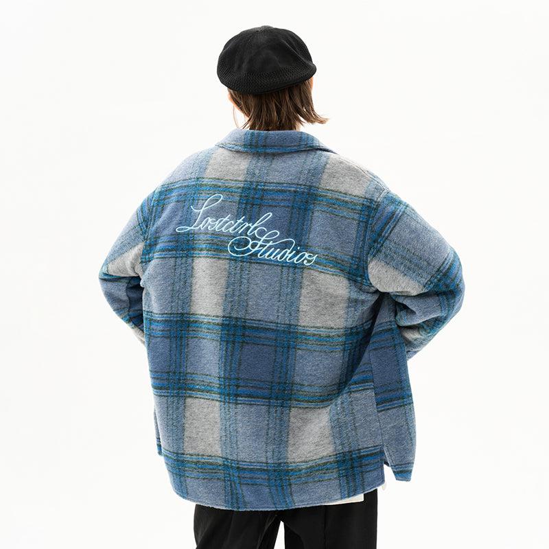 Gradient Logo Fluffy Checkered Jacket Korean Street Fashion Jacket By Lost CTRL Shop Online at OH Vault