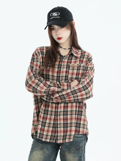 Plaid Pocket Detail Long Sleeve Shirt Korean Street Fashion Shirt By INS Korea Shop Online at OH Vault