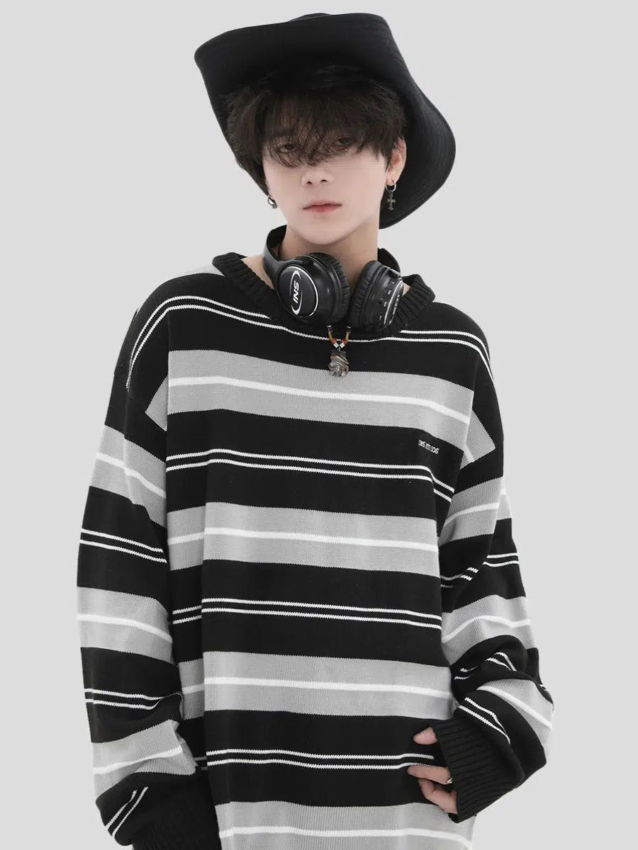 Tri Tone Striped Loose Sweater Korean Street Fashion Sweater By INS Korea Shop Online at OH Vault