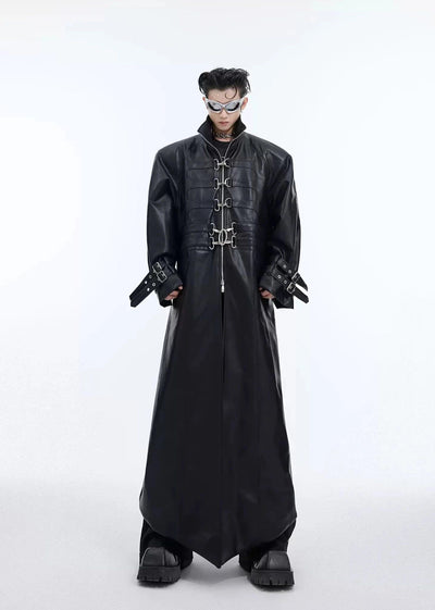 Metallic Link PU Leather Long Coat Korean Street Fashion Long Coat By Argue Culture Shop Online at OH Vault