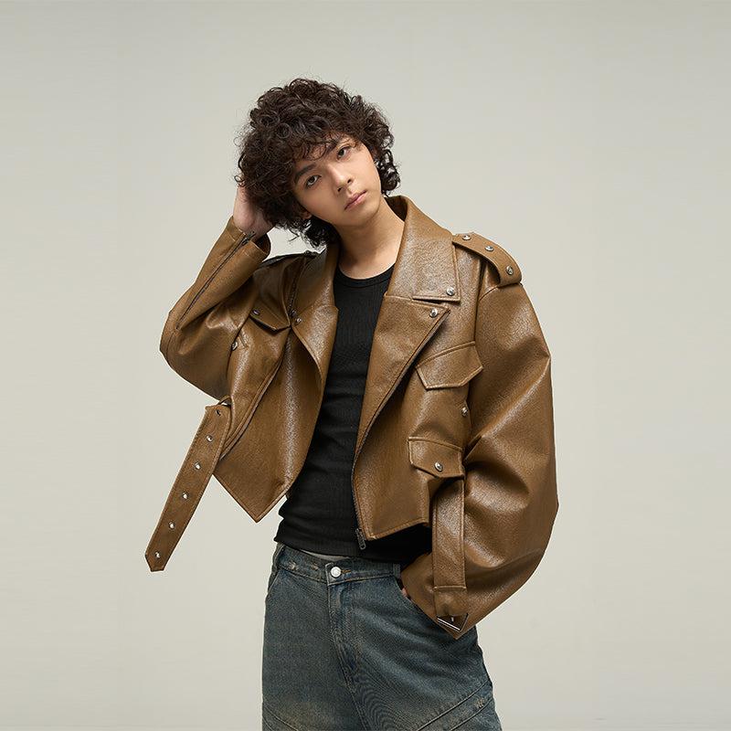 Diagonal Zip Belt Strap Faux Leather Jacket Korean Street Fashion Jacket By 77Flight Shop Online at OH Vault