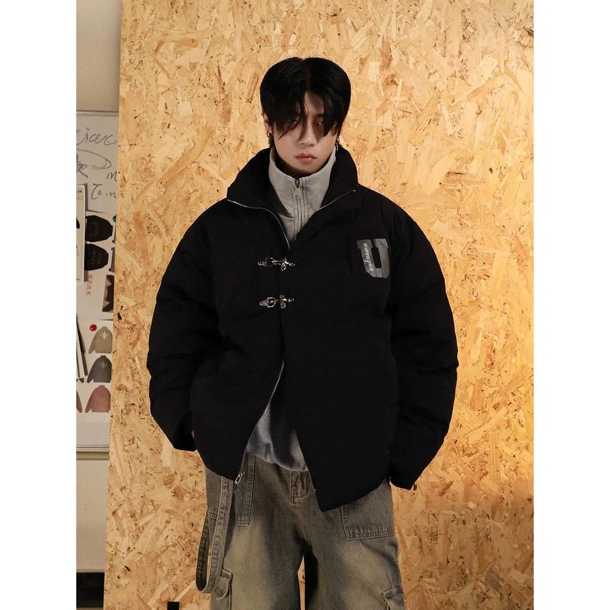 Metallic Buckle Lettered Puffer Jacket Korean Street Fashion Jacket By Mr Nearly Shop Online at OH Vault