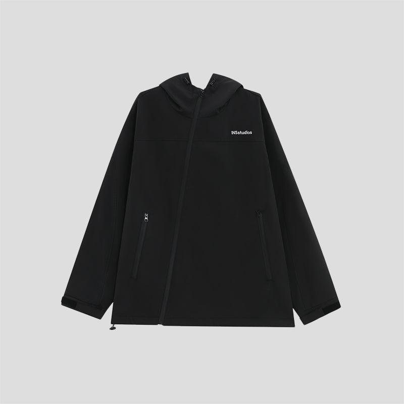 Logo Asymmetric Zipper Hooded Jacket Korean Street Fashion Jacket By INS Korea Shop Online at OH Vault