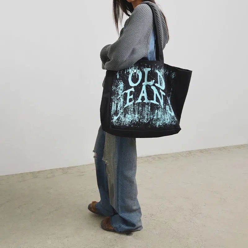 Old Jeans Text Tote Bag Korean Street Fashion Bag By Conp Conp Shop Online at OH Vault