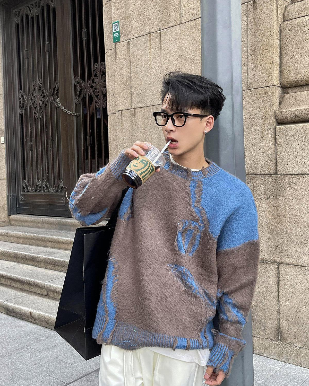 Irregular Contrast Fuzzy Sweater Korean Street Fashion Sweater By Poikilotherm Shop Online at OH Vault