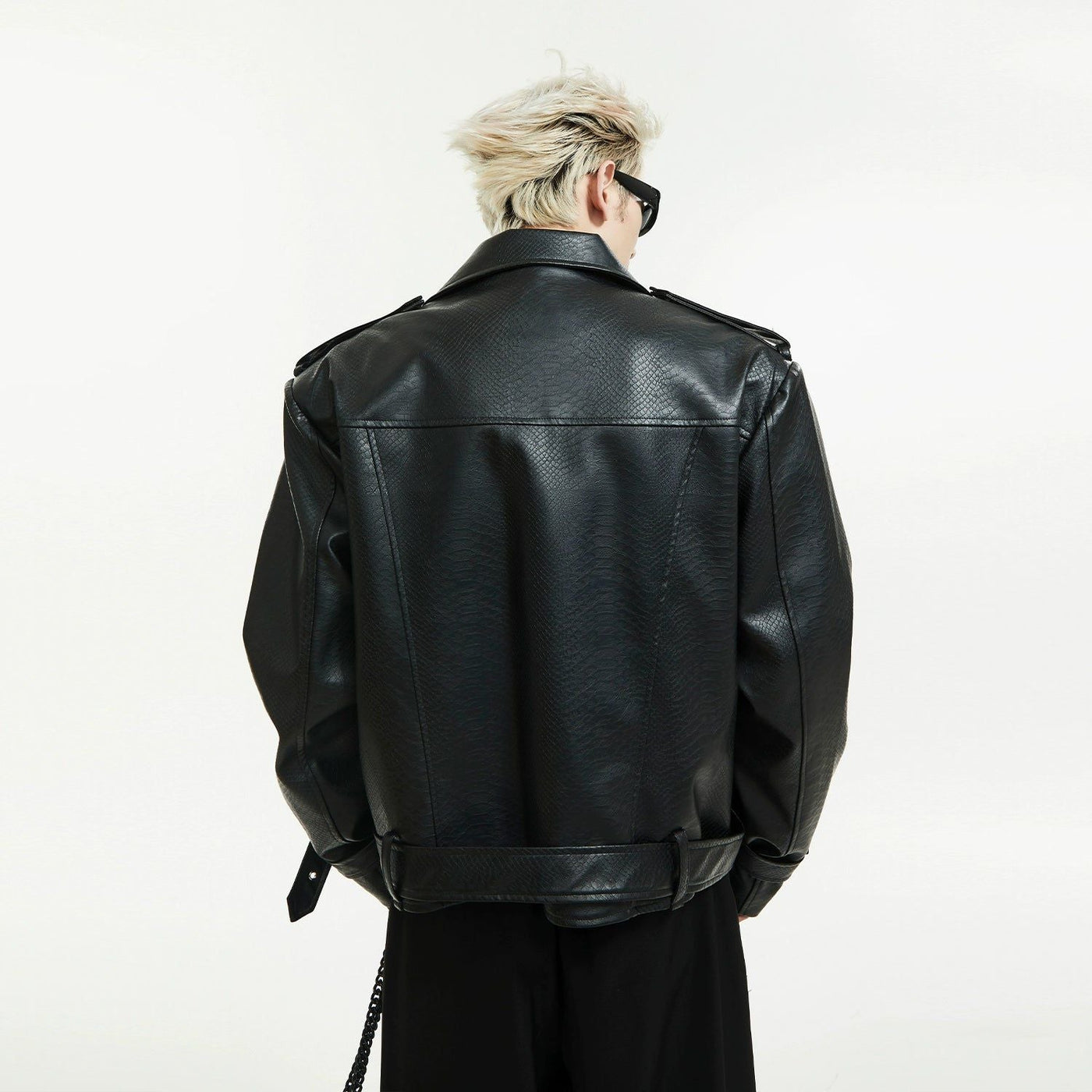 Textured Buckle Strap PU Leather Jacket Korean Street Fashion Jacket By Slim Black Shop Online at OH Vault