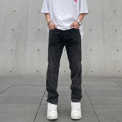 Washed Embroidered Letter Jeans Korean Street Fashion Jeans By A PUEE Shop Online at OH Vault