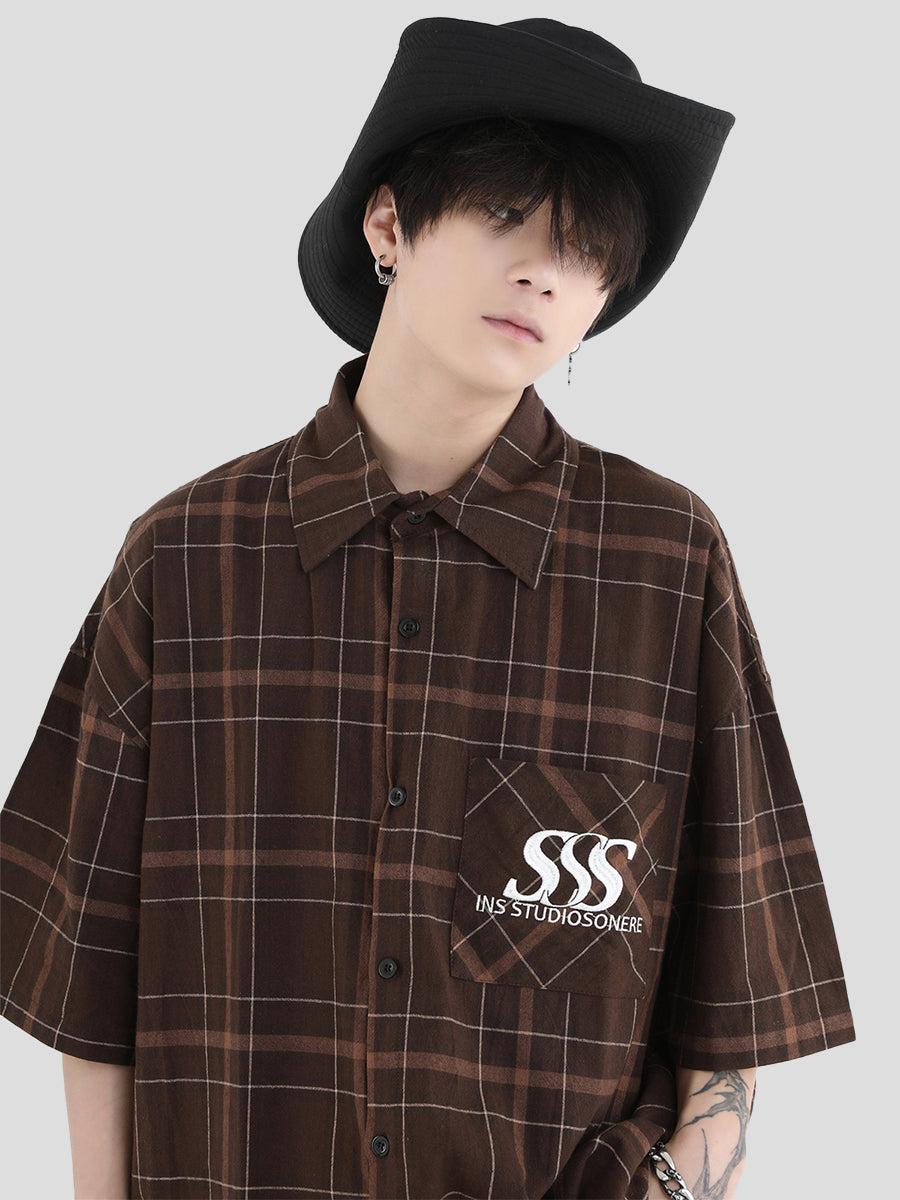 Logo Embroidery Contrast Plaid Shirt Korean Street Fashion Shirt By INS Korea Shop Online at OH Vault