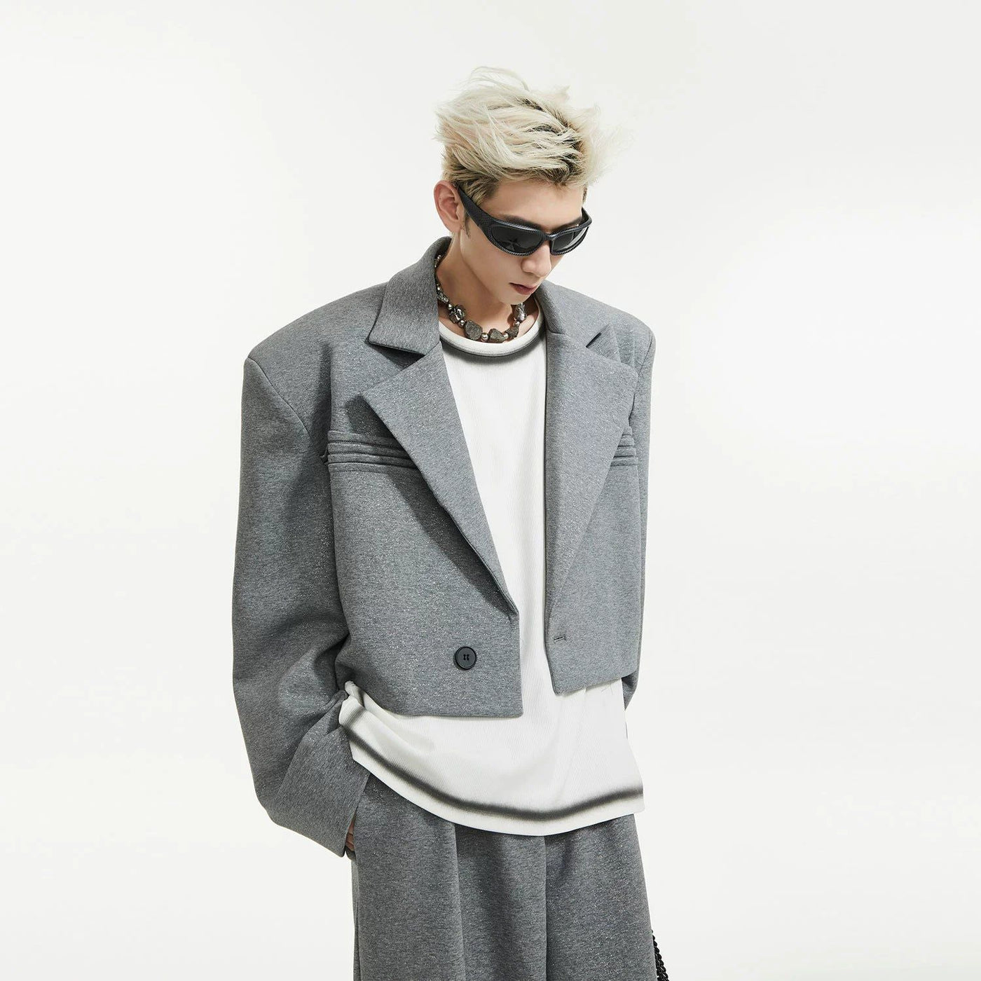 Shoulder Pad Sequined Blazer & Loose Trousers Set Korean Street Fashion Clothing Set By Slim Black Shop Online at OH Vault