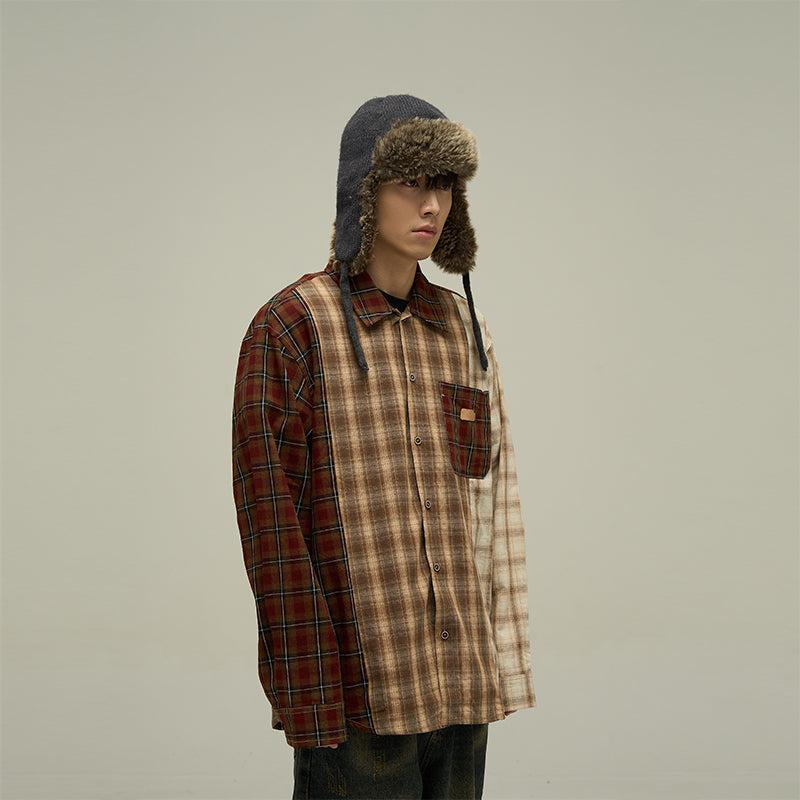 Tritone Plaid Patched Pocket Long Sleeve Shirt Korean Street Fashion Shirt By 77Flight Shop Online at OH Vault
