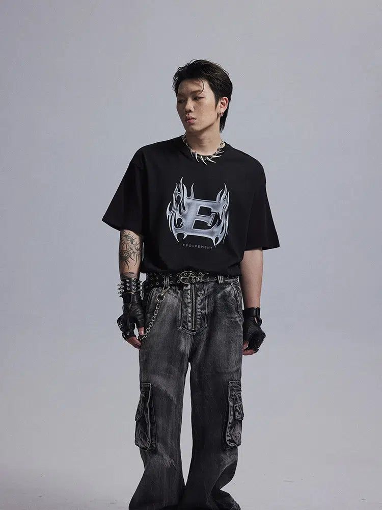 Metallic Flame Graphic T-Shirt Korean Street Fashion T-Shirt By Dark Fog Shop Online at OH Vault