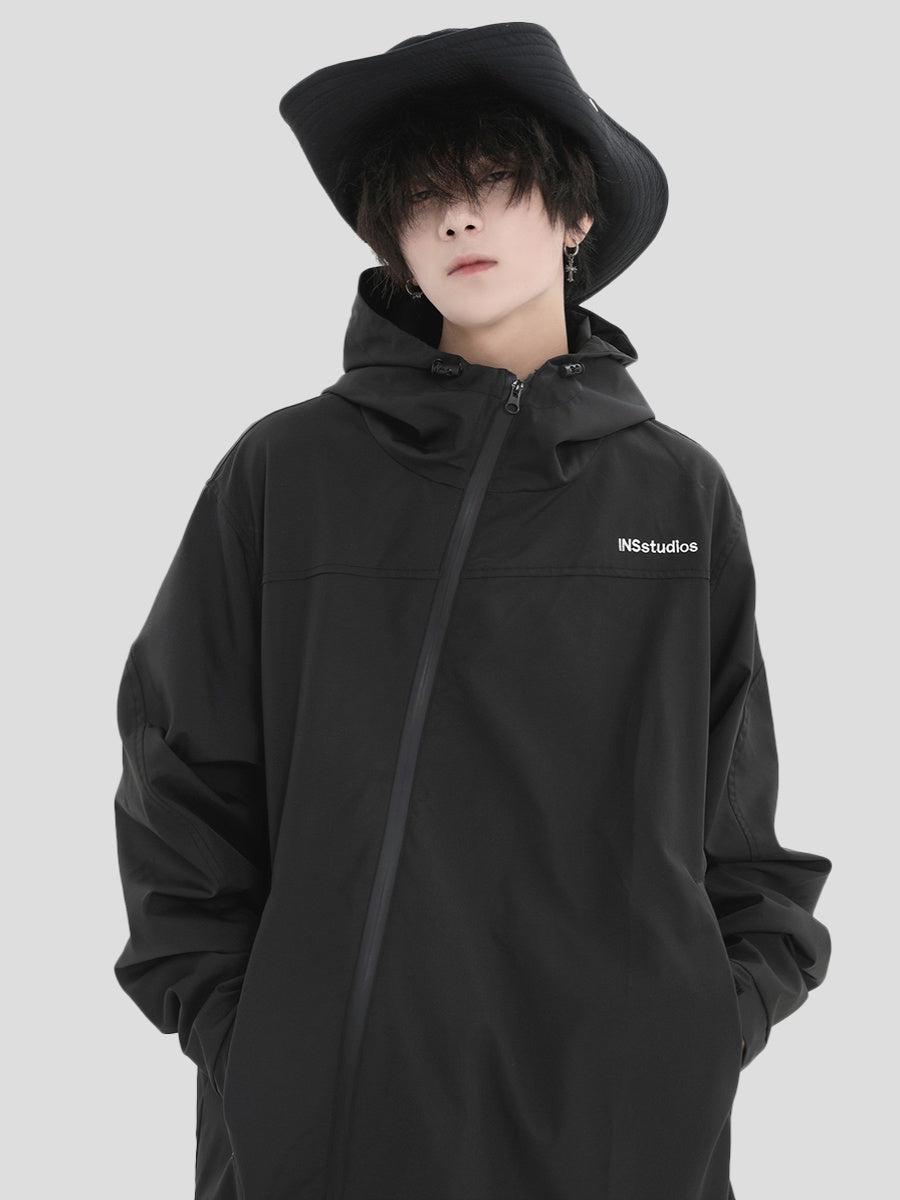Logo Asymmetric Zipper Hooded Jacket Korean Street Fashion Jacket By INS Korea Shop Online at OH Vault
