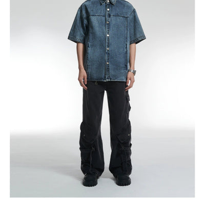 Washed Boxy Fit Denim Short Sleeve Shirt Korean Street Fashion Shirt By A PUEE Shop Online at OH Vault