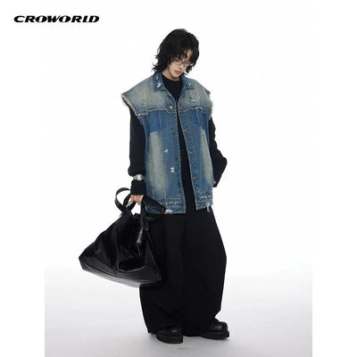Scattered Distressed Denim Vest Korean Street Fashion Vest By Cro World Shop Online at OH Vault