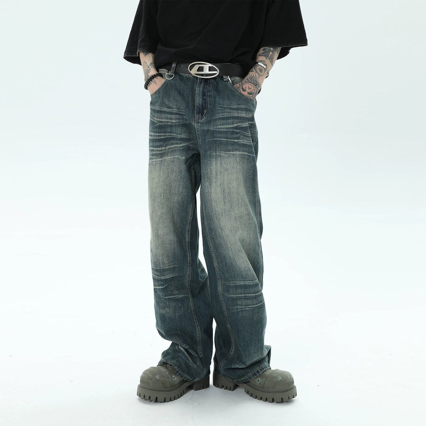 Wash Ripple Wide Leg Jeans Korean Street Fashion Jeans By Ash Dark Shop Online at OH Vault