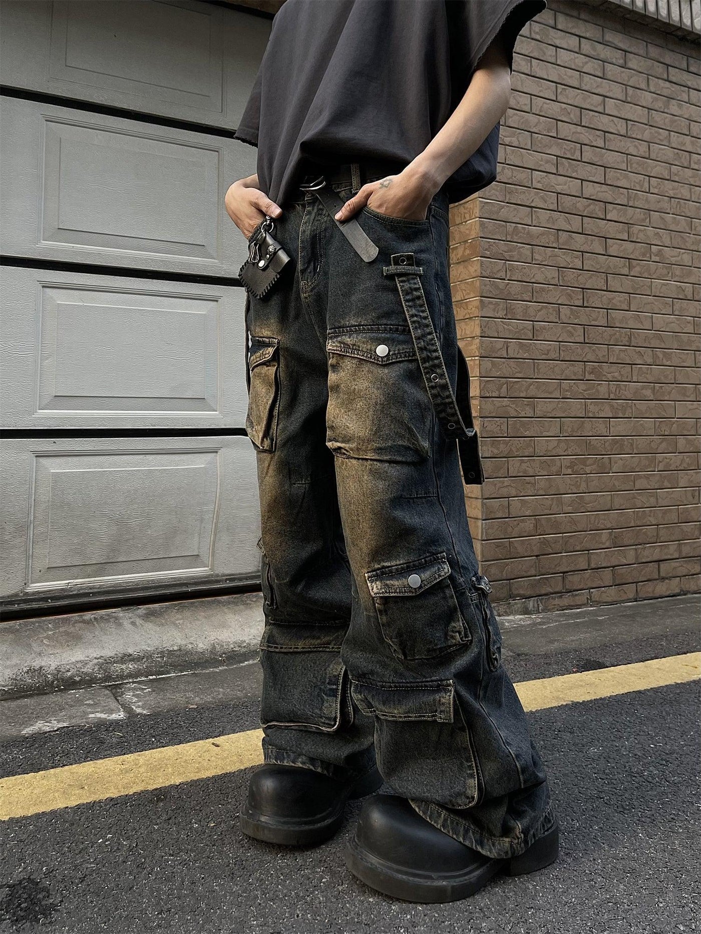 Gradient Contrast Strap Cargo Jeans Korean Street Fashion Jeans By MaxDstr Shop Online at OH Vault