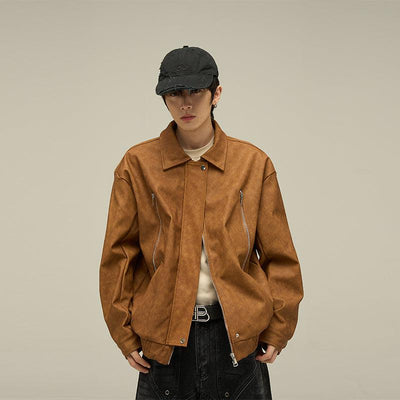 77Flight Hazy Zip Pocket Faux Leather Jacket Korean Street Fashion Jacket By 77Flight Shop Online at OH Vault