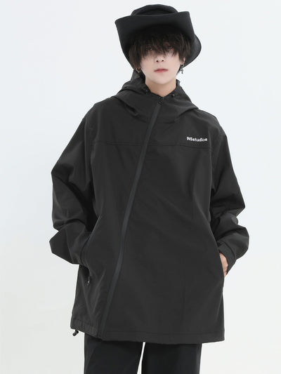 INS Korea Logo Asymmetric Zipper Hooded Jacket Korean Street Fashion Jacket By INS Korea Shop Online at OH Vault