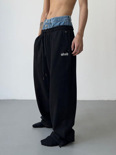 Drawstring Denim Flange Sweatpants Korean Street Fashion Pants By MEBXX Shop Online at OH Vault