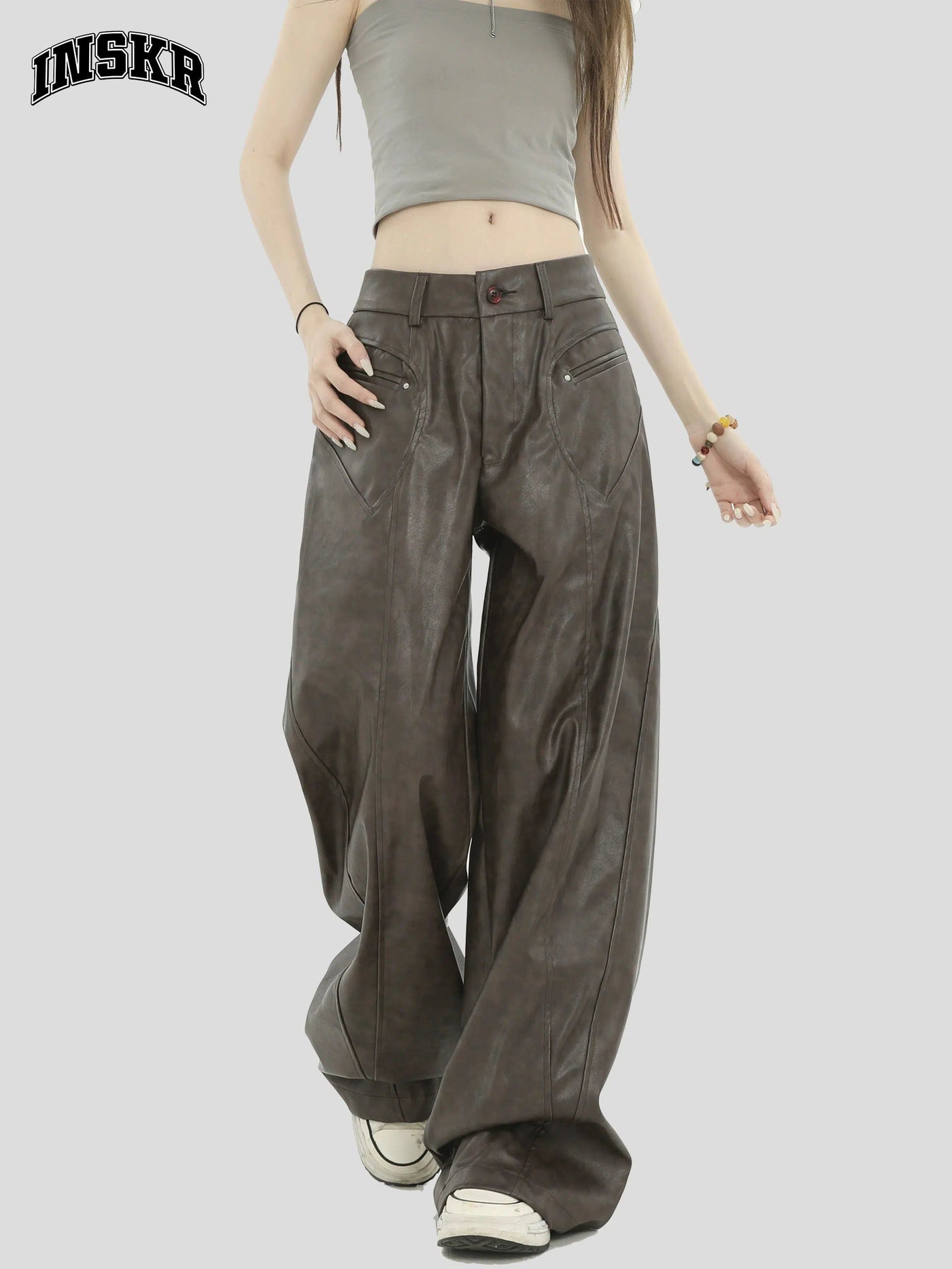 Wide Leg PU Leather Pants Korean Street Fashion Pants By INS Korea Shop Online at OH Vault