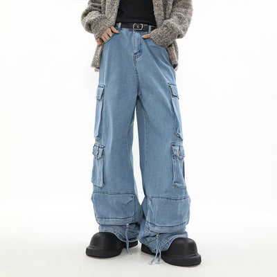 Faded Multi-Pocket Wide Cut Cargo Jeans Korean Street Fashion Jeans By Mr Nearly Shop Online at OH Vault