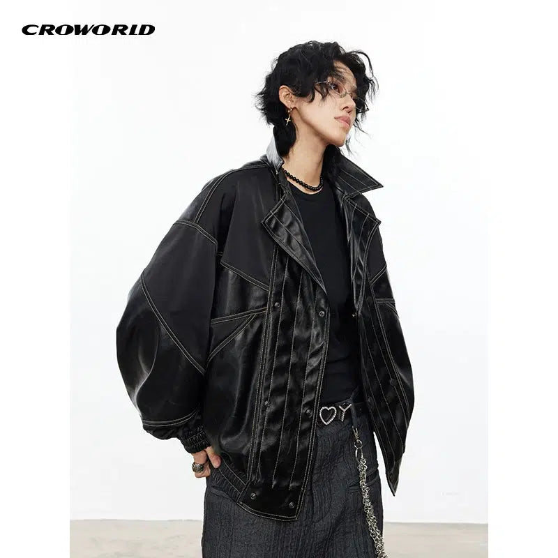 Stitched Contrast Lapel PU Leather Jacket Korean Street Fashion Jacket By Cro World Shop Online at OH Vault