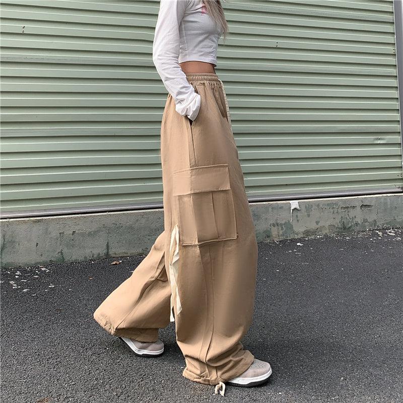 Drawstring Detail Wide Leg Cargo Pants Korean Street Fashion Pants By Made Extreme Shop Online at OH Vault