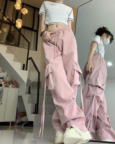 Made Extreme Solid Lace Knot Cargo Pants Korean Street Fashion Pants By Made Extreme Shop Online at OH Vault