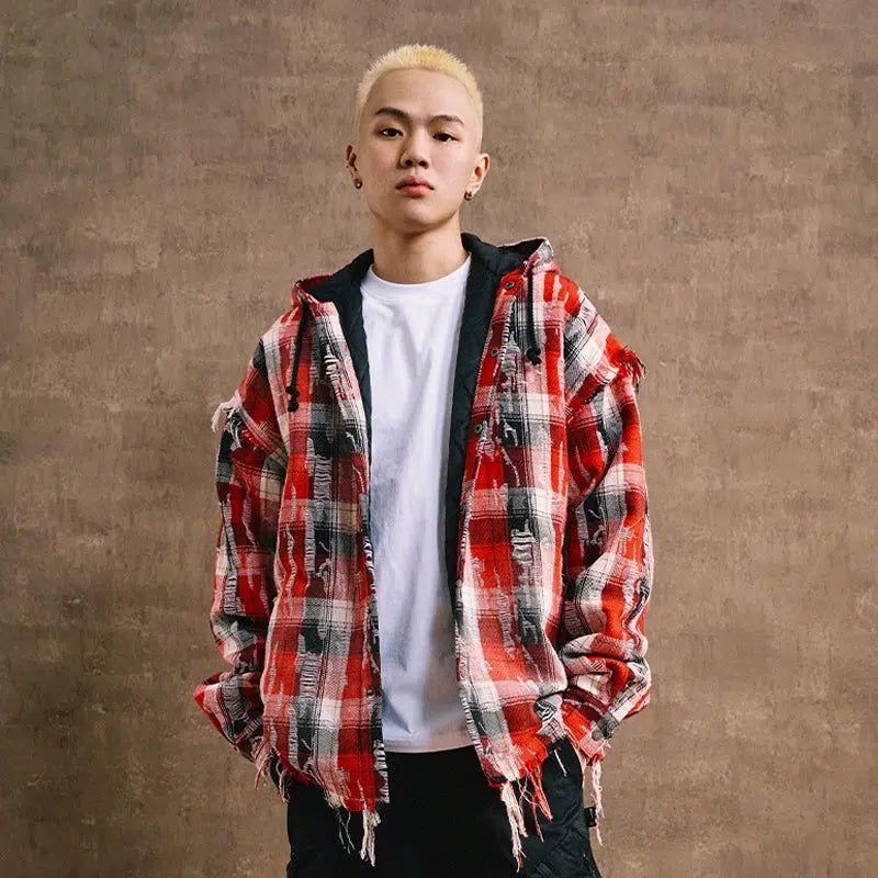 Distressed Hooded Plaid Jacket Korean Street Fashion Jacket By Remedy Shop Online at OH Vault