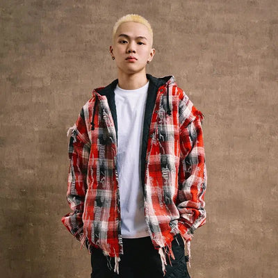Distressed Hooded Plaid Jacket Korean Street Fashion Jacket By Remedy Shop Online at OH Vault